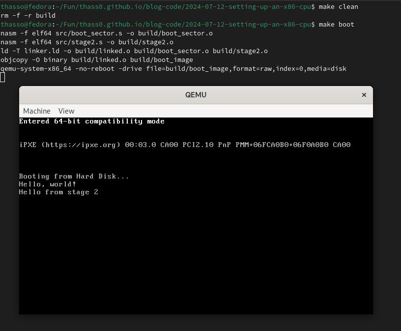 QEMU screenshot of the success message