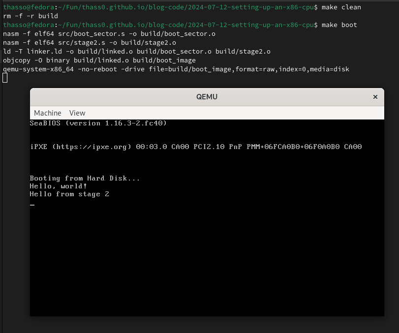 QEMU screenshot of the stage 2 message