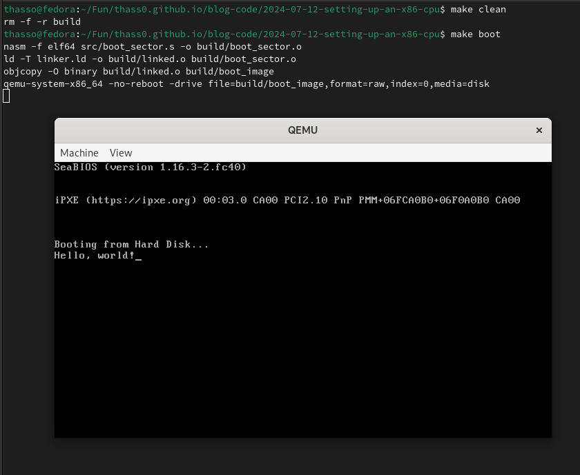 QEMU screenshot of the hello world message
