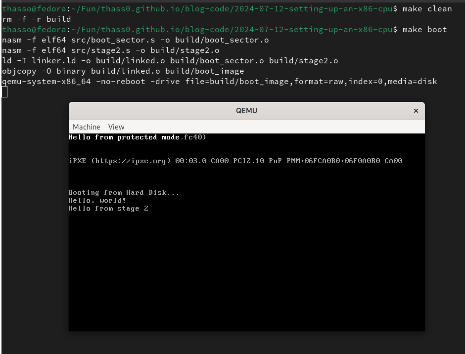 QEMU screenshot of the protected mode message